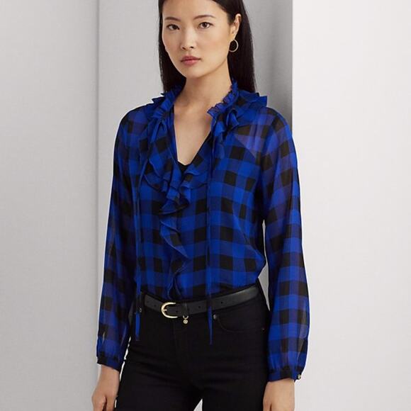 Lauren Ralph Lauren Tops - Lauren Ralph Lauren Buffalo Check Ruffled Georgette blouse blue black - XS